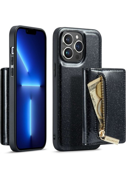 Iphone 13 Pro Telefon Kılıfı Için 6.1 Inç 2'si 1 Arada Kısacası Fermuarlı Cüzdan Manyetik Çizelge Anti-Çizelge Kickstand-Black (Yurt Dışından)