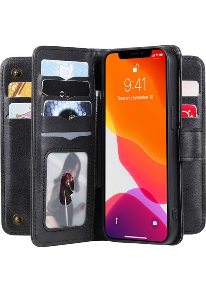 Iphone 13 Pro Telefon Kılıfı Için 6.1 Inç Birden Fazla Kart Yuvası ile Büyük Kapasiteli Stand Kabuğu Cüzdan Tasarım-Black (Yurt Dışından)