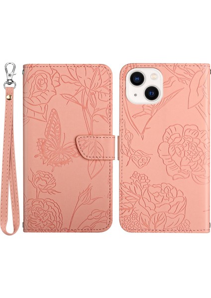 Iphone 13 Mini Telefon Kılıfı 5.4 Inç Moda Pu Deri Kılıf Destekleme Stand Cilt Touch Hissed Hisset Kelebek Çiçek Deseni Basılı Flip Cüzdan Telefon Kapağı Bilek Kayış-Pembe (Yurt Dışından)