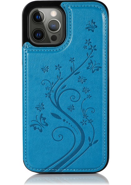 Iphone 13 Pro Telefon Kılıfı Pu Deri Kaplamalı Tpu Çift Manyetik Düğmeler Baskılı Çiçek Kickstand Card Tutucu Scratch-Dayanıklı 6.1 Inç-Dark Mavi (Yurt Dışından)