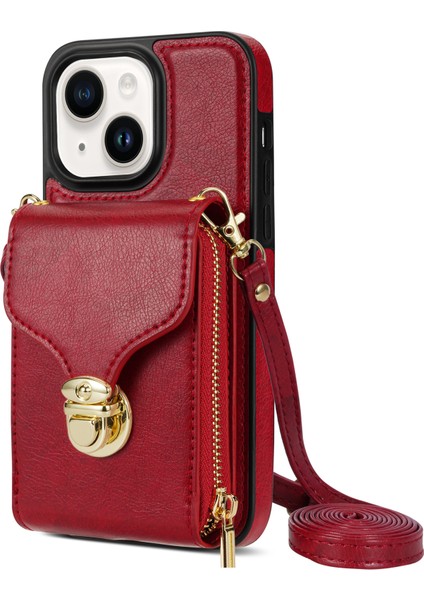 Iphone 13 Mini Telefon Kılıfı 5.4 Inç Crossbody Card Tutucu Pu Deri Kaplamalı Tpu Kickstand Fermuar Kapak-Kırmızı (Yurt Dışından)
