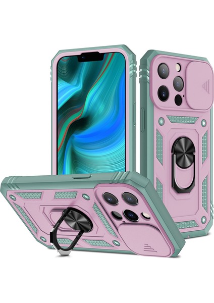 Iphone 13 Pro Max Telefon Kılıfı Için 6.7 Inç Kart Sürgülü Kamera Kapağı Tasarım Pc+Tpu Dahili Kickstand-Pink/yeşil ile Telefon Kılıfı (Yurt Dışından)