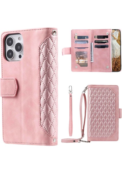 Iphone 13 Pro Max Telefon Kılıfı 6.7 Inç Düşme Koruması Fermuarı Pocket Rhombus Doku Pu Deri Cüzdan Kapak Standı Strap Kart Tutucu-Pembe (Yurt Dışından)