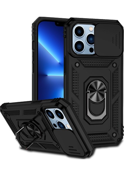 Iphone 13 Pro Telefon Kılıfı 6.1 Inç Slayt Kamera Koruma Kapağı Hafif Yüzük Kickstand Hibrid Pc+Tpu Telefon Shell-Black (Yurt Dışından)