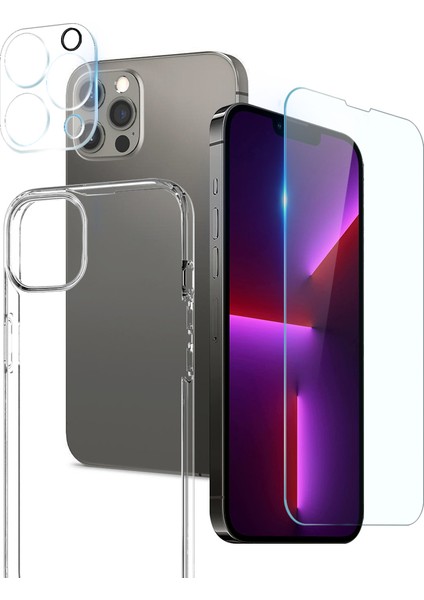 Iphone 13 Pro Telefon Kılıfı Için 6.1 Inç Şeffaf Tpu 9h Temperli Cam Arka Lens Kapak Ekran Koruyucu (Yurt Dışından)