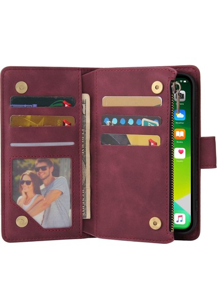 Iphone 13 Pro Max Telefon Kılıfı 6.7 Inç Pu Deri Çok Kart Yuvaları Telefon Cüzdan Stand Kapağı Fermuar Cep Tasarım Anti-Drop Kasa Kırmızı (Yurt Dışından) fırsatları