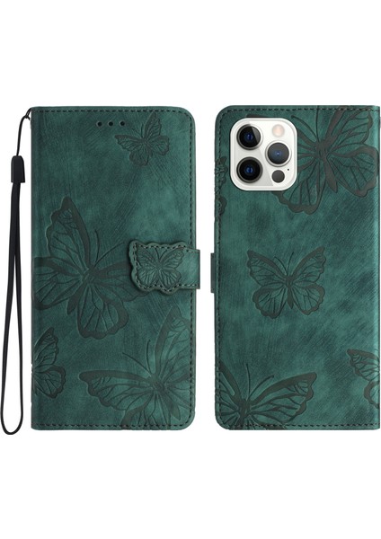 Iphone 13 Pro 6.1 Inç Pu Deri Kelebek Basılı Stand Cüzdan Kılıf Cilt Touch Telefon Kapak Yeşil (Yurt Dışından)