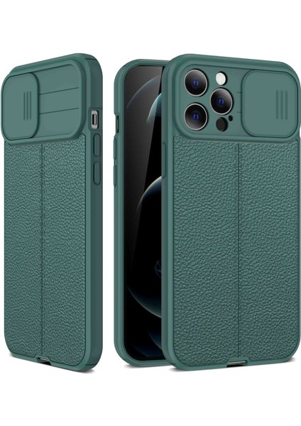Iphone 13 Pro Max Telefon Kılıfı 6.7 Inç Slayt Kamera Kapağı Litchi Dokusu Fingerprint Önleyici Pc+Tpu Anti-Fall Phone Vaka Yeşili (Yurt Dışından)