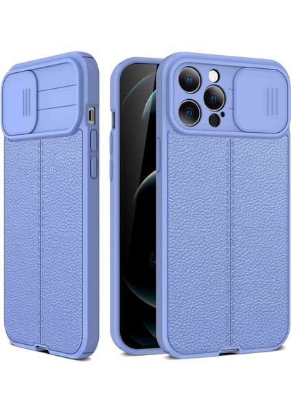 Iphone 13 Pro Max Telefon Kılıfı 6.7 Inç Slayt Kamera Kapağı Litchi Dokusu Fingerprint Önleyici Pc+Tpu Anti-Fall Phone Case-Purple (Yurt Dışından)