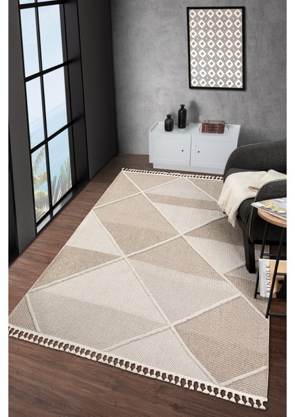 Bej Krem Saçaklı Dokuma Halı Oturma Odası Salon Halısı