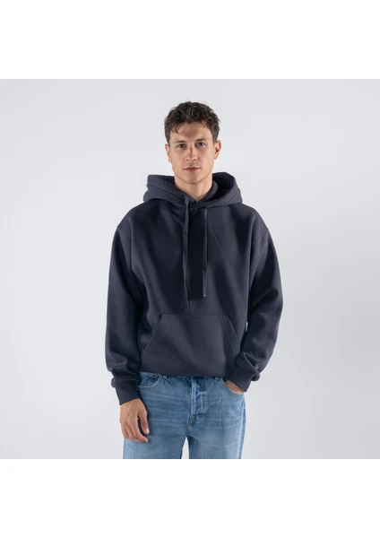 Friday Offset Agar Erkek Koyu Mavi Kanguru Cepli Kapüşonlu Oversize Hoodie Sweatshirt