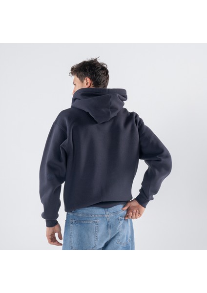 Friday Offset Agar Erkek Koyu Mavi Kanguru Cepli Kapüşonlu Oversize Hoodie Sweatshirt