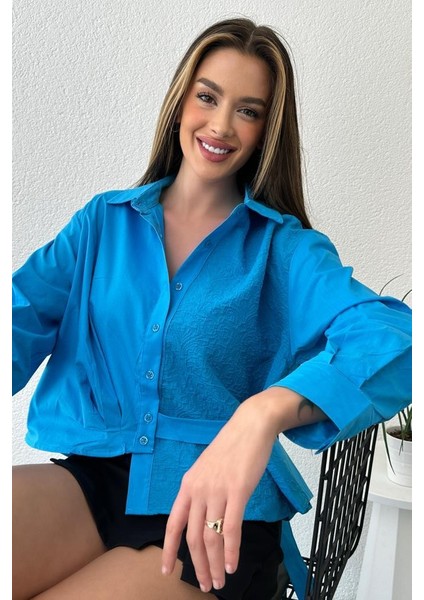 Kadın Oversize Kabartma Desenli Asimetrik Gömlek