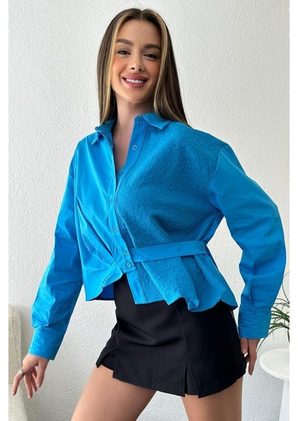 Kadın Oversize Kabartma Desenli Asimetrik Gömlek