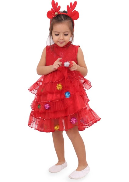 Noel Kız Çocuk Abiyesi - Çam Ağacı Çocuk Elbise - Noel Elbise indirimleri