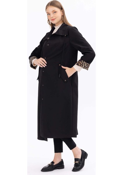 Kadın Büyük Beden Astarı Desenli Midi Boy Trençkot 1008 Siyah