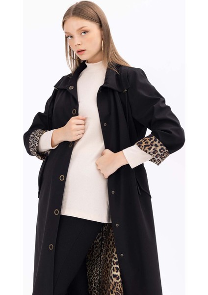 Kadın Büyük Beden Astarı Desenli Midi Boy Trençkot 1008 Siyah fiyatları