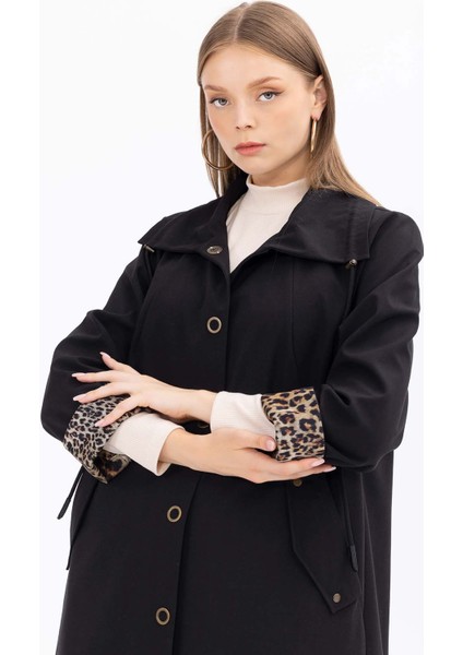 Kadın Büyük Beden Astarı Desenli Midi Boy Trençkot 1008 Siyah modelleri