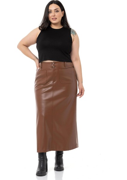 Büyük Beden Yırtmaç Detaylı Cepli Uzun Kahverengi Deri Etek
