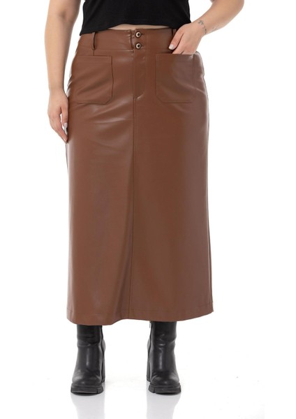 Büyük Beden Yırtmaç Detaylı Cepli Uzun Kahverengi Deri Etek fiyatları