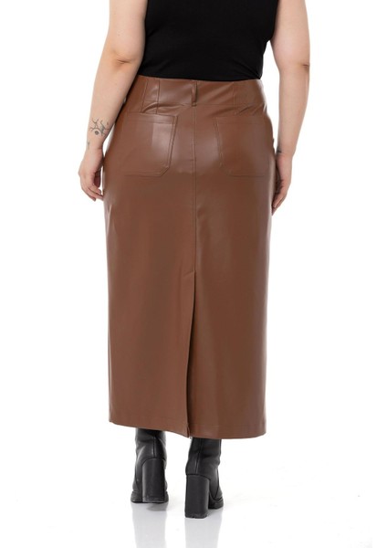 Büyük Beden Yırtmaç Detaylı Cepli Uzun Kahverengi Deri Etek modelleri