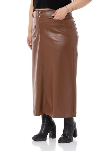 Büyük Beden Yırtmaç Detaylı Cepli Uzun Kahverengi Deri Etek indirimleri