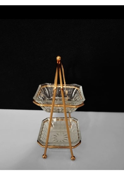 2 Katlı Kristal Kare Cam Kaseli Gold Metal Standlı Sunumluk Lokumluk Şekerlik modelleri