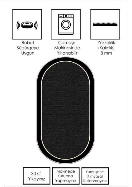 Dijital Baskı Yıkanabilir Kaymaz Siyah Oval Salon Halısı Mutfak Halısı Yolluk ve Paspas