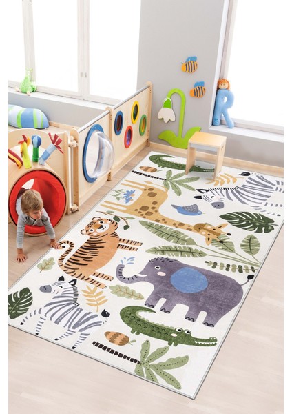 Makinede Yıkanabilir Kaymaz Taban Dijital Baskı Hayvan Desenli Oyun Halısı Çocuk Odası Halısı