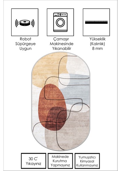 Dijital Baskı Yıkanabilir Kaymaz Bej Oval Salon Halısı Mutfak Halısı Yolluk ve Paspas