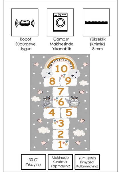 Makinede Yıkanabilir Kaymaz Taban Dijital Baskı Seksek Desenli Oyun Halısı Çocuk Odası Halısı