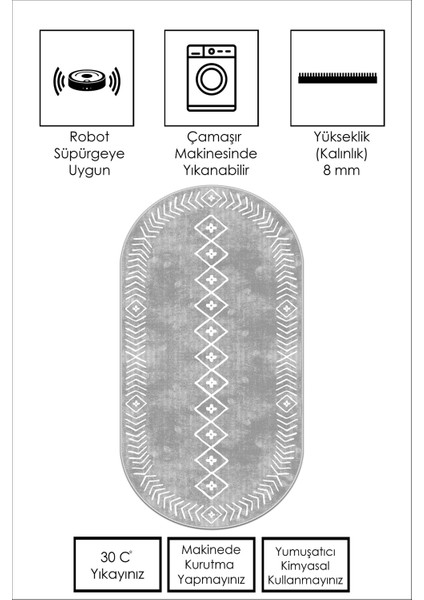 Dijital Baskı Yıkanabili Kaymaz Gri Oval Salon Halısı Mutfak Halısı Yolluk ve Paspas