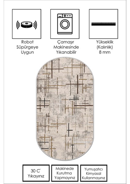 Dijital Baskı Yıkanabilir Kaymaz Bej Oval Salon Halısı Mutfak Halısı Yolluk ve Paspas
