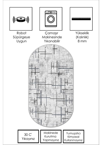 Dijital Baskı Yıkanabilir Kaymaz Gri Oval Salon Halısı Mutfak Halısı Yolluk ve Paspas