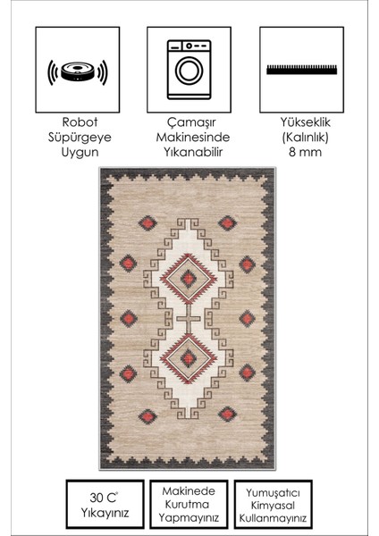 Dijital Baskı Yıkanabilir Kaymaz Bej Salon Halısı Mutfak Halısı Yolluk ve Paspas