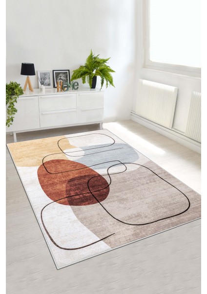 Dijital Baskı Yıkanabilir Kaymaz Bej Salon Halısı Mutfak Halısı Yolluk ve Paspas