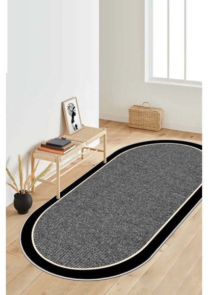 Dijital Baskı Yıkanabilir Kaymaz Gri Oval Salon Halısı Mutfak Halısı Yolluk ve Paspas