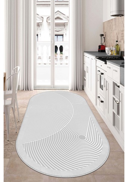 Dijital Baskı Yıkanabilir Kaymaz Gri Oval Salon Halısı Mutfak Halısı Yolluk ve Paspas