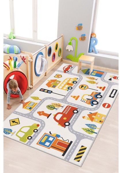 Makinede Yıkanabilir Kaymaz Taban Dijital Baskı Yol Desenli Oyun Halısı Çocuk Odası Halısı