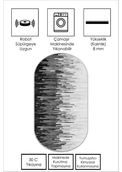 Dijital Baskı Yıkanabili Kaymaz Gri Oval Salon Halısı Mutfak Halısı Yolluk ve Paspas