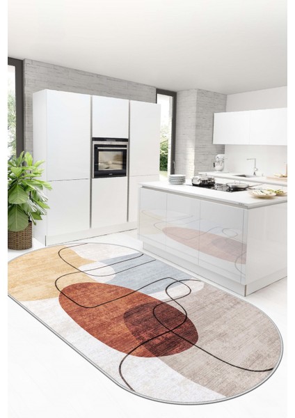 Dijital Baskı Yıkanabilir Kaymaz Bej Oval Salon Halısı Mutfak Halısı Yolluk ve Paspas