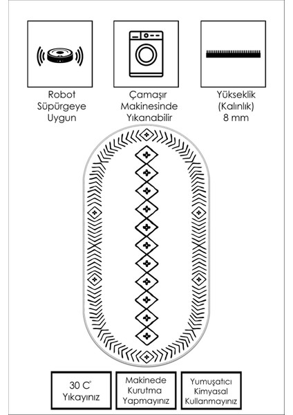 Dijital Baskı Yıkanabili Kaymaz Beyaz Oval Salon Halısı Mutfak Halısı Yolluk ve Paspas