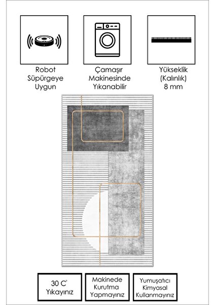 Lavita Home Dijital Baskı Yıkanabilir Kaymaz Gri Salon Halısı Mutfak Halısı Yolluk ve Paspas