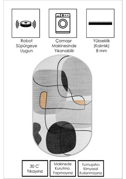 Dijital Baskı Yıkanabilir Kaymaz Gri Oval Salon Halısı Mutfak Halısı Yolluk ve Paspas