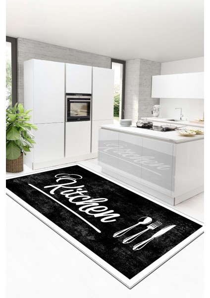 Dijital Baskı Yıkanabilir Kaymaz Leke Tutmaz Siyah Mutfak Halısı Yolluk ve Paspas
