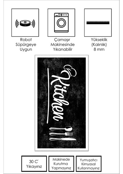 Dijital Baskı Yıkanabilir Kaymaz Leke Tutmaz Siyah Mutfak Halısı Yolluk ve Paspas fiyatları