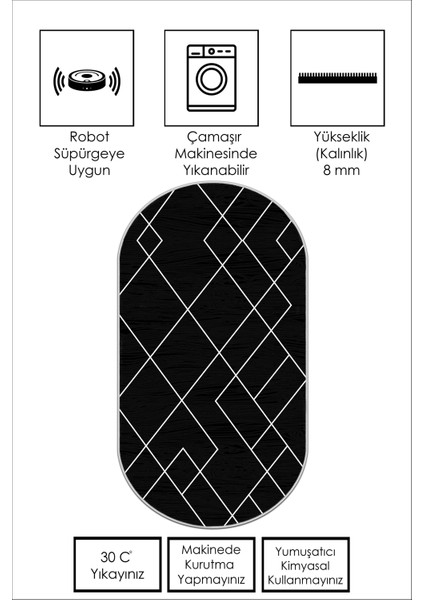 Dijital Baskı Yıkanabilir Kaymaz Siyah Oval Salon Halısı Mutfak Halısı Yolluk ve Paspas