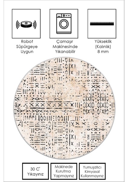 Dijital Baskı Yıkanabilir Kaymaz Bej Yuvarlak Salon Halısı Mutfak Halısı ve Paspas