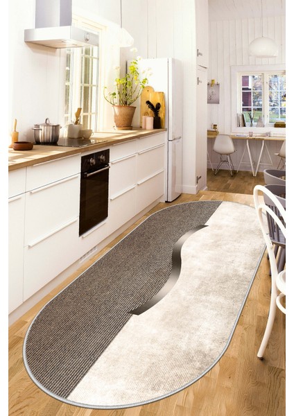 Dijital Baskı Yıkanabili Kaymaz Bej Oval Salon Halısı Mutfak Halısı Yolluk ve Paspas