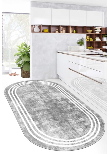 Dijital Baskı Yıkanabili Kaymaz Gri Oval Salon Halısı Mutfak Halısı Yolluk ve Paspas